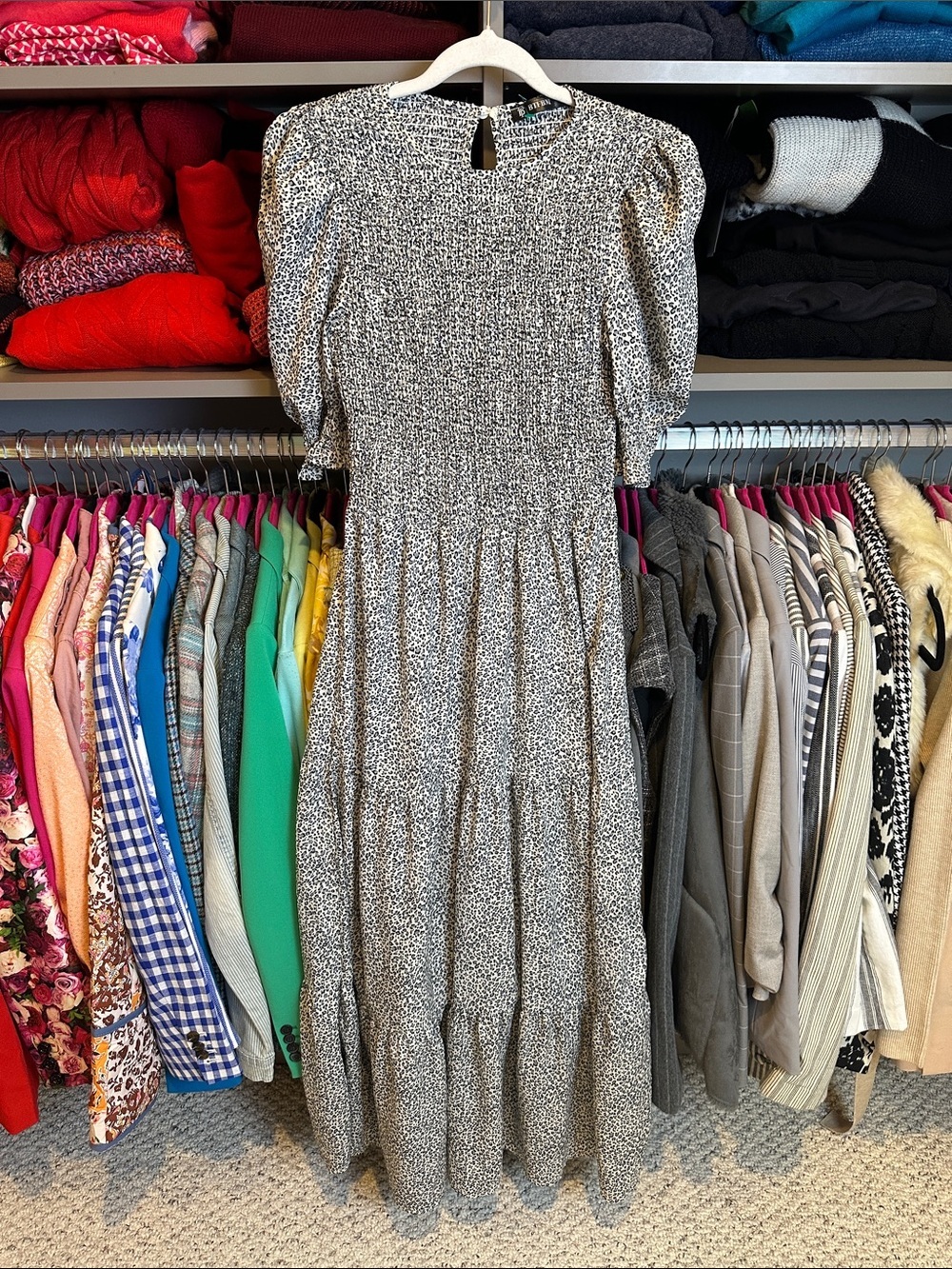 BTFBM white/black/gray leopard print short sleeve smocked maxi dress size S